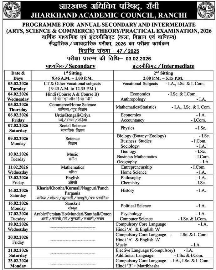 JAC 10th Time Table 2026